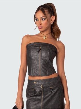 Edikted Faux Leather Strapless Corset Top in Charcoal Gray